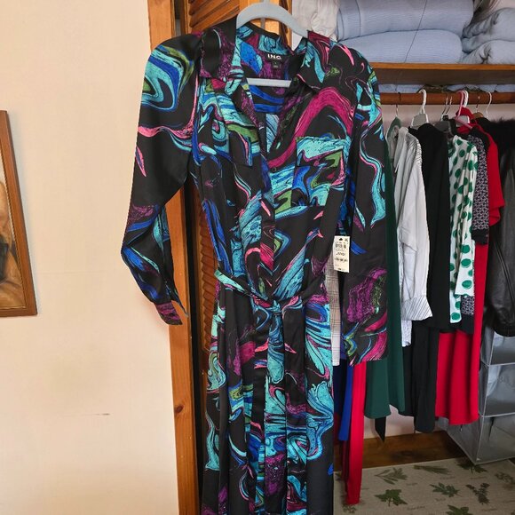 I.N.C. Bright Multi-Colored Midi Belted Dress Large - Picture 1 of 4